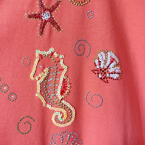Quacker Factory Coral Orange Rhinestone Sequin Under the Sea 3/4 Sleeve Top 1X - Picture 5 of 10